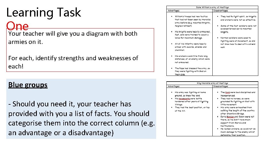 Learning Task One Your teacher will give you a diagram with both armies on