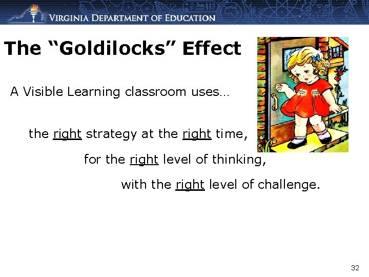 The “Goldilocks” Effect A Visible Learning classroom uses… the right strategy at the right