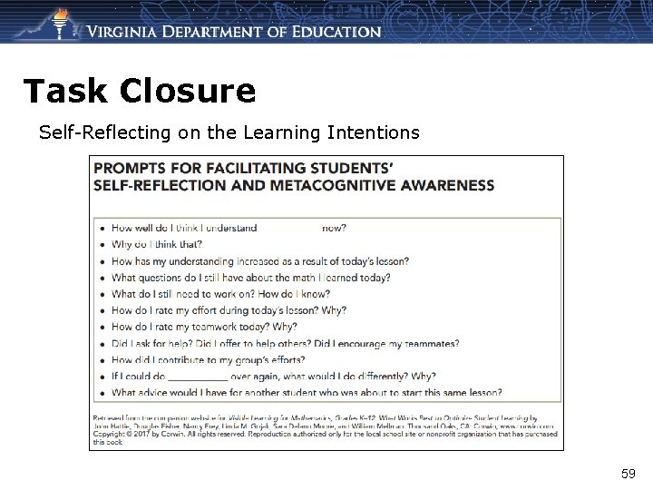 Task Closure Self-Reflecting on the Learning Intentions 59 