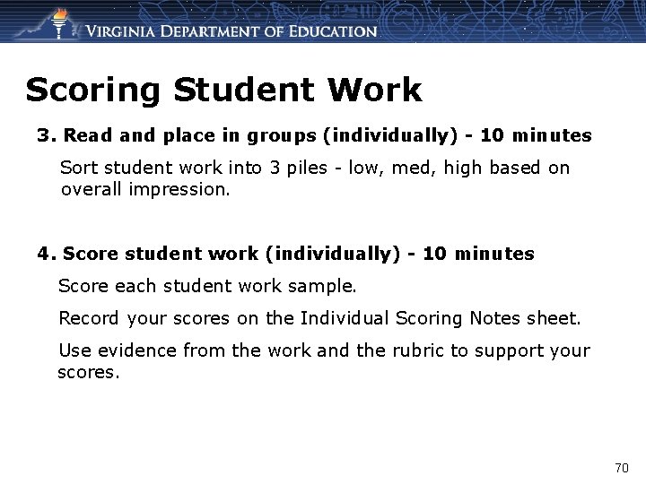 Scoring Student Work 3. Read and place in groups (individually) - 10 minutes Sort
