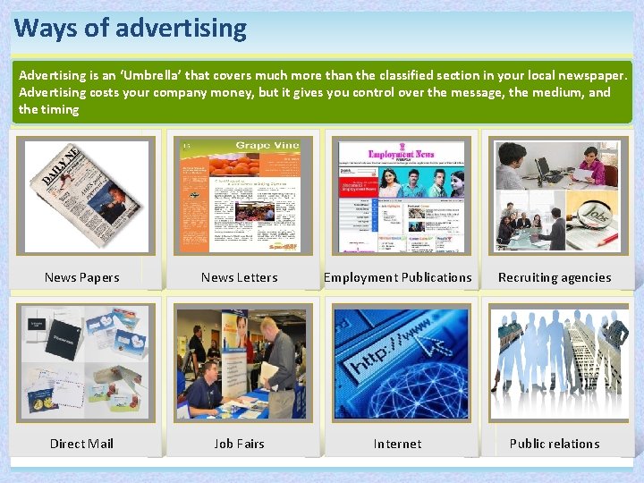 Ways of advertising Advertising is an ‘Umbrella’ that covers much more than the classified