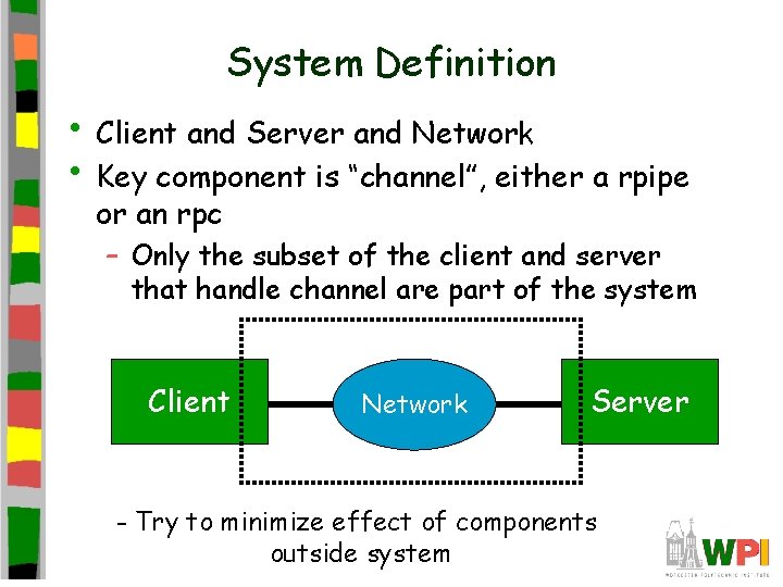 System Definition • Client and Server and Network • Key component is “channel”, either