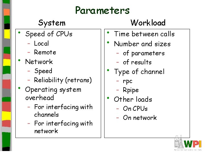 Parameters • • • System Speed of CPUs – Local – Remote Network –