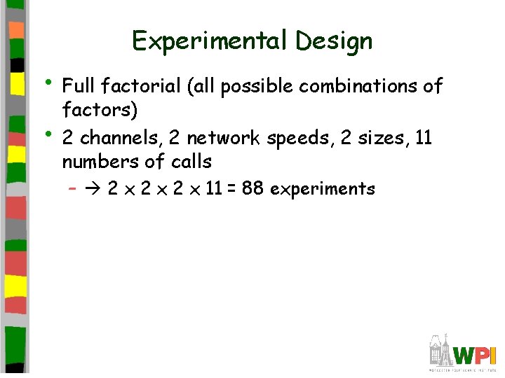Experimental Design • Full factorial (all possible combinations of • factors) 2 channels, 2
