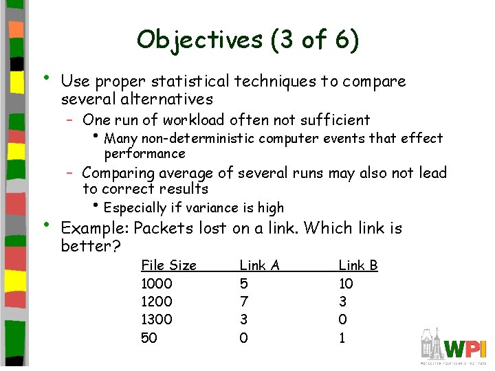 Objectives (3 of 6) • Use proper statistical techniques to compare several alternatives –