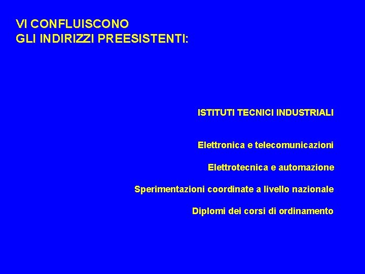 VI CONFLUISCONO GLI INDIRIZZI PREESISTENTI: ISTITUTI TECNICI INDUSTRIALI Elettronica e telecomunicazioni Elettrotecnica e automazione