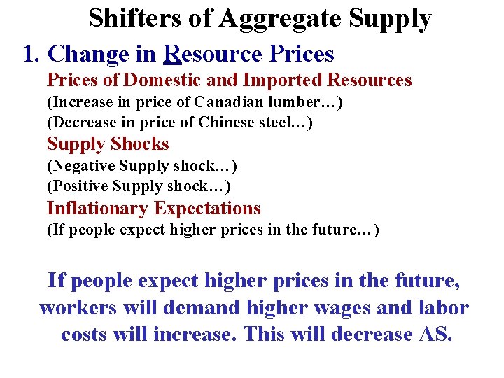 Shifters of Aggregate Supply 1. Change in Resource Prices of Domestic and Imported Resources