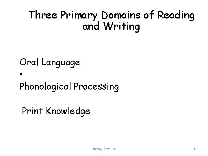 Three Primary Domains of Reading and Writing Oral Language • Phonological Processing Print Knowledge