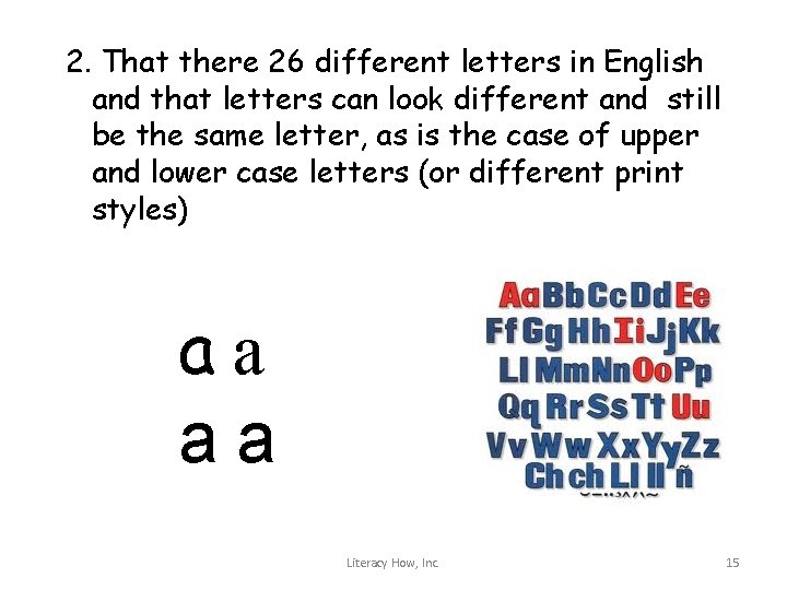 2. That there 26 different letters in English and that letters can look different