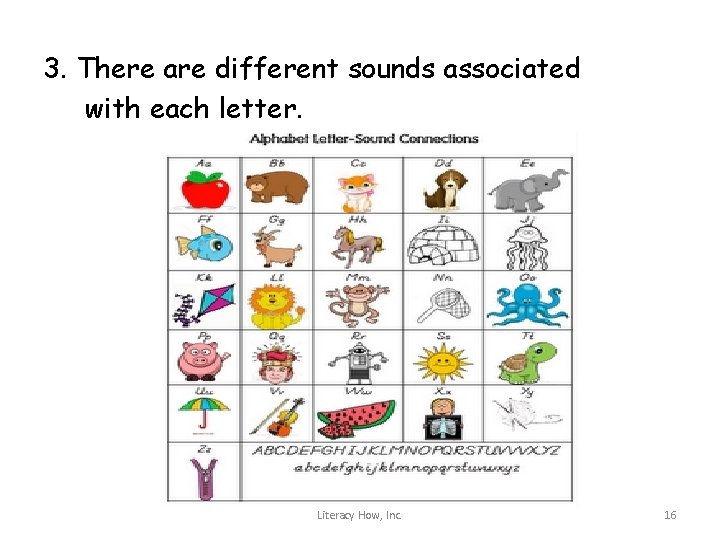 3. There are different sounds associated with each letter. Literacy How, Inc. 16 