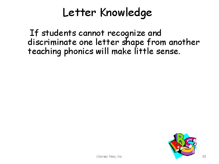 Letter Knowledge If students cannot recognize and discriminate one letter shape from another teaching