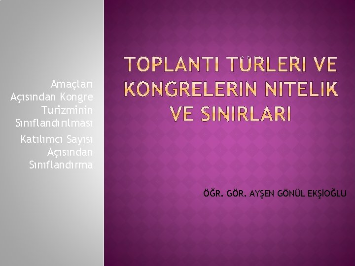 Amaçları Açısından Kongre Turizminin Sınıflandırılması Katılımcı Sayısı Açısından Sınıflandırma ÖĞR. GÖR. AYŞEN GÖNÜL EKŞİOĞLU