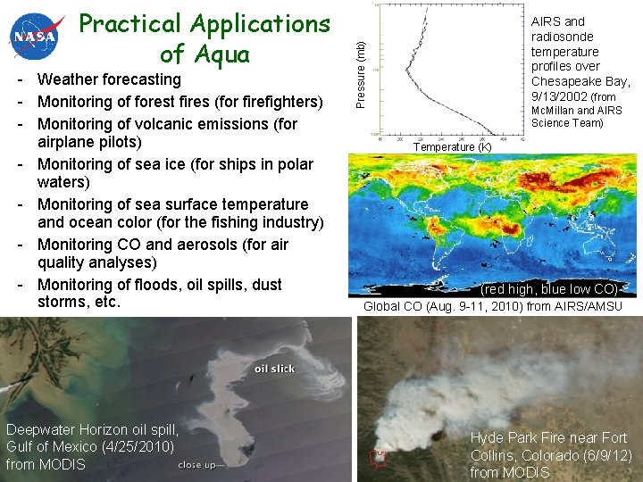 - Weather forecasting - Monitoring of forest fires (for firefighters) - Monitoring of volcanic