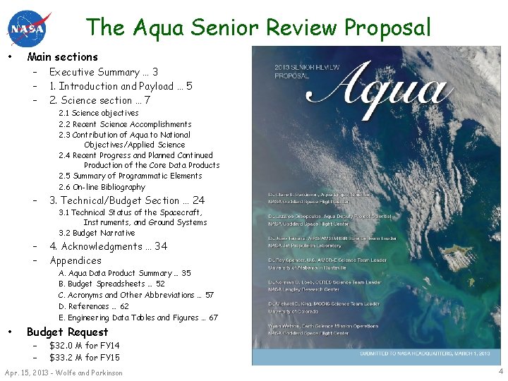 The Aqua Senior Review Proposal • Main sections – – – Executive Summary …