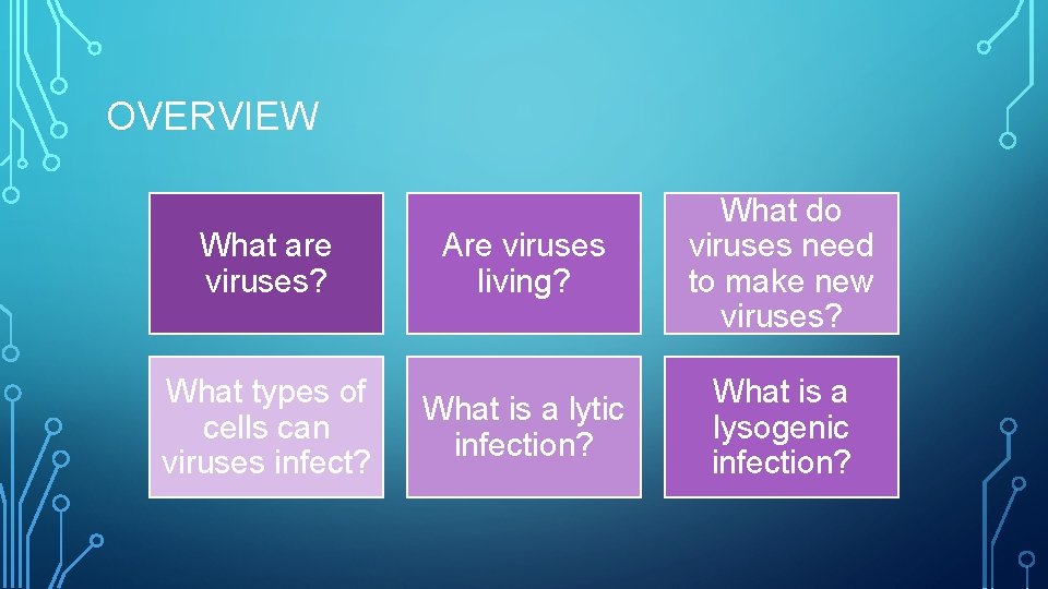 OVERVIEW What are viruses? What types of cells can viruses infect? Are viruses living? OVERVIEW What are viruses? What types of cells can viruses infect? Are viruses living?