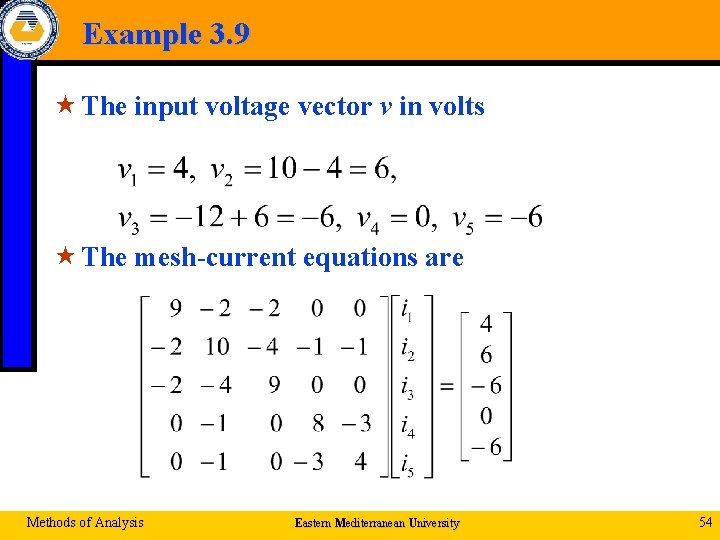 Example 3. 9 « The input voltage vector v in volts « The mesh-current
