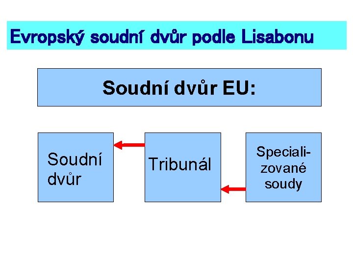 Evropský soudní dvůr podle Lisabonu Soudní dvůr EU: Soudní dvůr Tribunál Specializované soudy 
