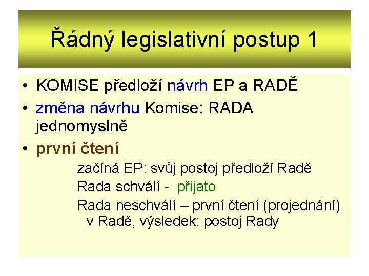 Řádný legislativní postup 1 • KOMISE předloží návrh EP a RADĚ • změna návrhu