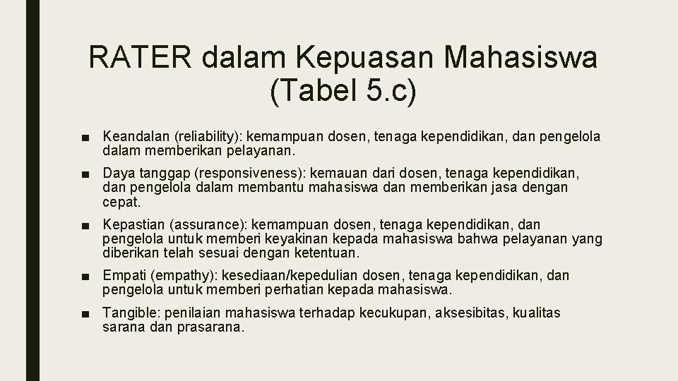 RATER dalam Kepuasan Mahasiswa (Tabel 5. c) ■ Keandalan (reliability): kemampuan dosen, tenaga kependidikan,