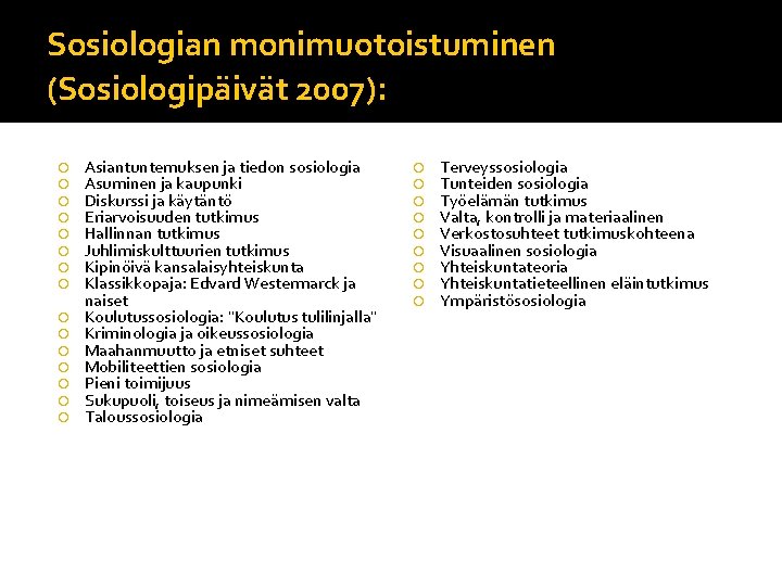 Sosiologian monimuotoistuminen (Sosiologipäivät 2007): Asiantuntemuksen ja tiedon sosiologia Asuminen ja kaupunki Diskurssi ja käytäntö