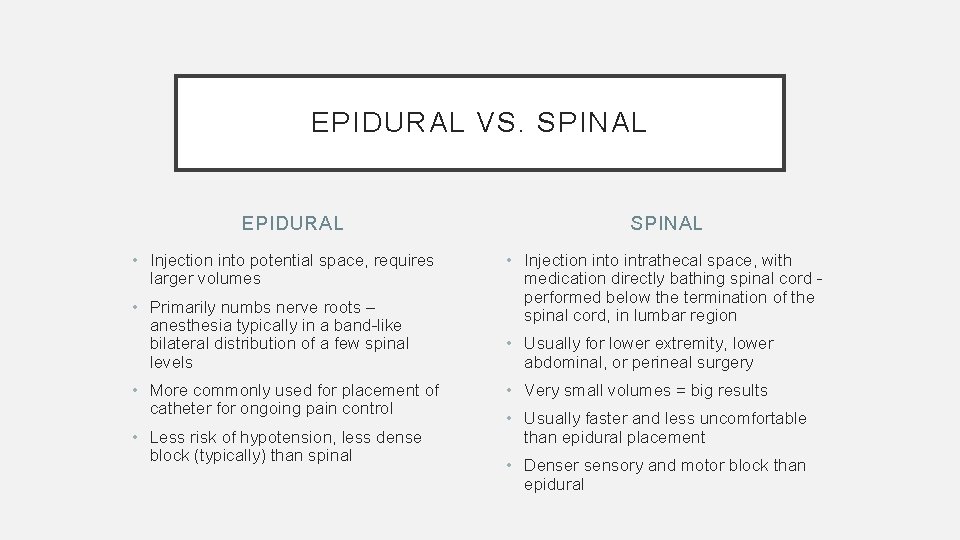 EPIDURAL VS. SPINAL EPIDURAL • Injection into potential space, requires larger volumes • Primarily