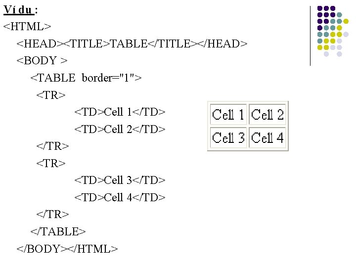 Ví dụ : <HTML> <HEAD><TITLE>TABLE</TITLE></HEAD> <BODY > <TABLE border="1"> <TR> <TD>Cell 1</TD> <TD>Cell 2</TD>