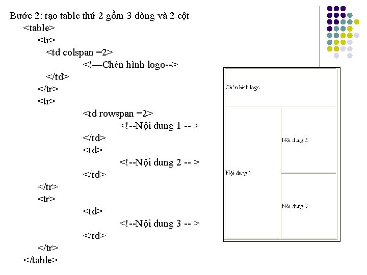 Bước 2: tạo table thứ 2 gồm 3 dòng và 2 cột <table> <tr>