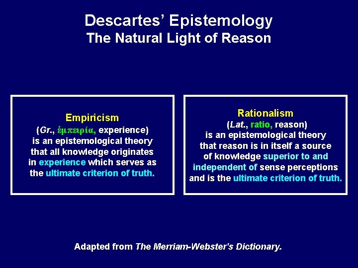 Descartes’ Epistemology The Natural Light of Reason Empiricism (Gr. , ἐμπειρία, experience) is an