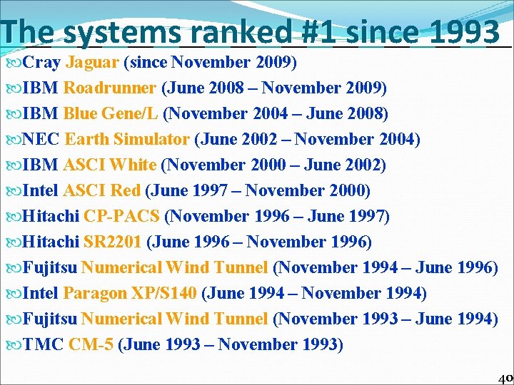 The systems ranked #1 since 1993 Cray Jaguar (since November 2009) IBM Roadrunner (June