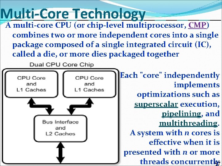 Multi-Core Technology A multi-core CPU (or chip-level multiprocessor, CMP) CMP combines two or more