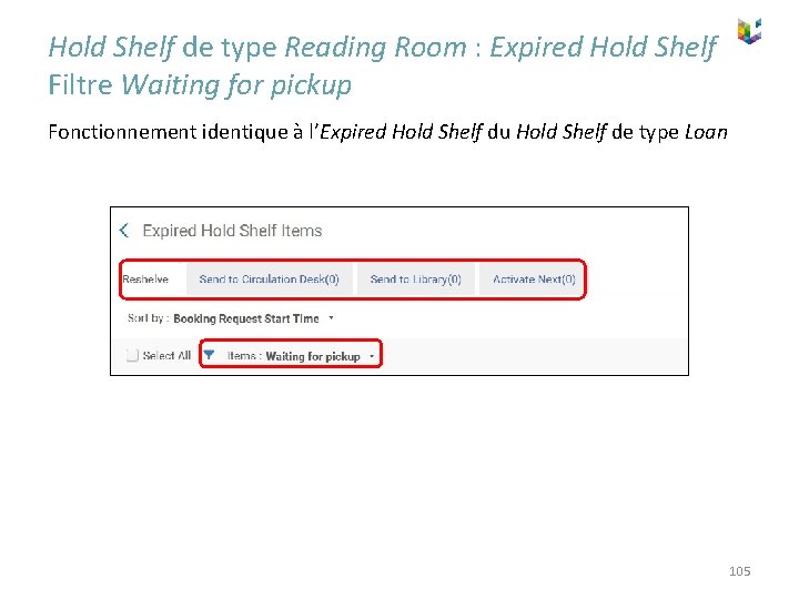 Hold Shelf de type Reading Room : Expired Hold Shelf Filtre Waiting for pickup