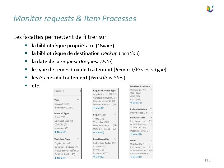 Monitor requests & Item Processes Les facettes permettent de filtrer sur § § §