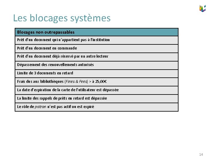 Les blocages systèmes Blocages non outrepassables Prêt d’un document qui n’appartient pas à l’institution