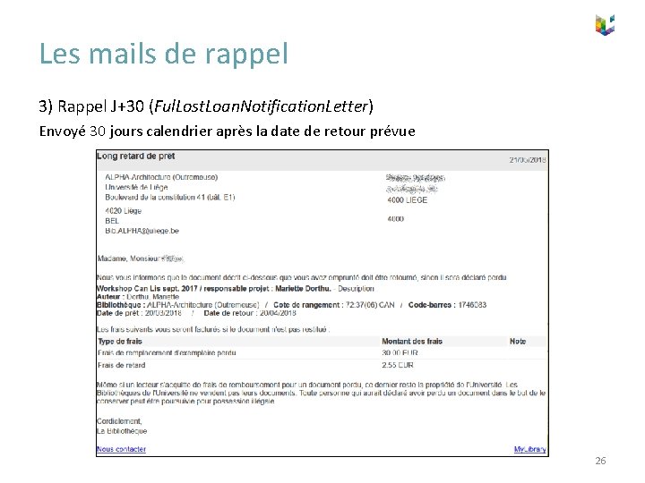 Les mails de rappel 3) Rappel J+30 (Ful. Lost. Loan. Notification. Letter) Envoyé 30