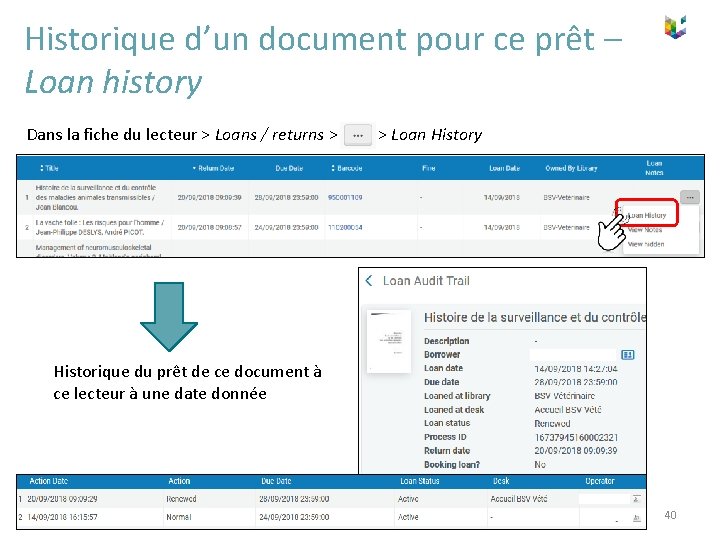 Historique d’un document pour ce prêt – Loan history Dans la fiche du lecteur