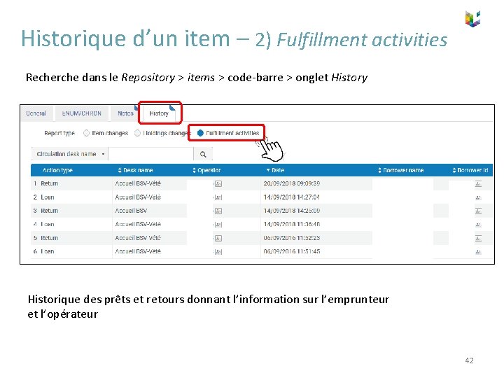 Historique d’un item – 2) Fulfillment activities Recherche dans le Repository > items >