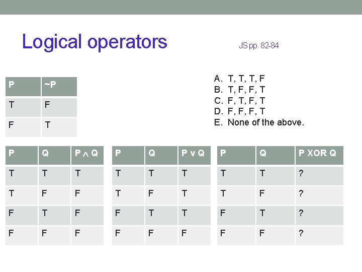 Logical operators JS pp. 82 -84 A. B. C. D. E. T, T, T,