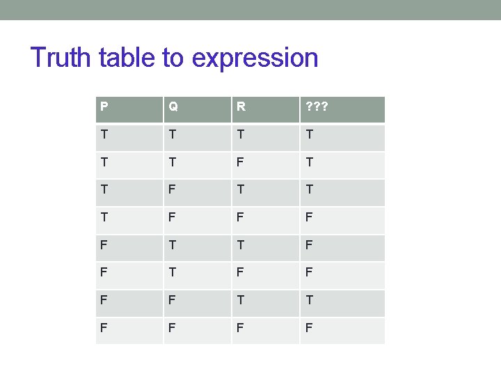 Truth table to expression P Q R ? ? ? T T T F