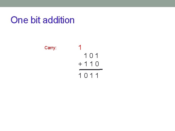 One bit addition Carry: 1 101 +110 1011 