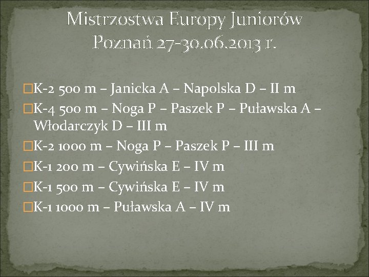 Mistrzostwa Europy Juniorów Poznań 27 -30. 06. 2013 r. �K-2 500 m – Janicka