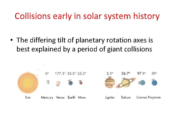 Collisions early in solar system history • The differing tilt of planetary rotation axes