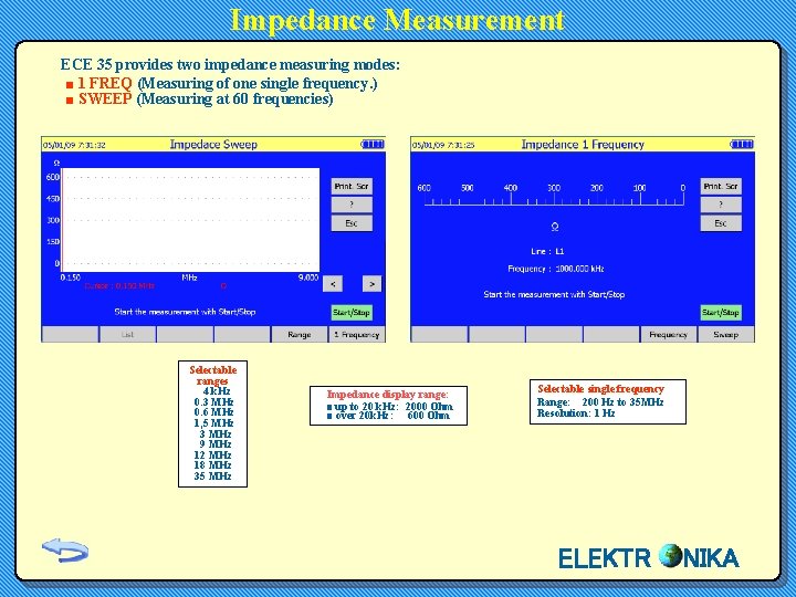 Impedance Measurement ECE 35 provides two impedance measuring modes: ■ 1 FREQ (Measuring of Impedance Measurement ECE 35 provides two impedance measuring modes: ■ 1 FREQ (Measuring of