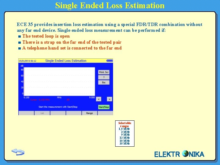 Single Ended Loss Estimation ECE 35 provides insertion loss estimation using a special FDR/TDR Single Ended Loss Estimation ECE 35 provides insertion loss estimation using a special FDR/TDR
