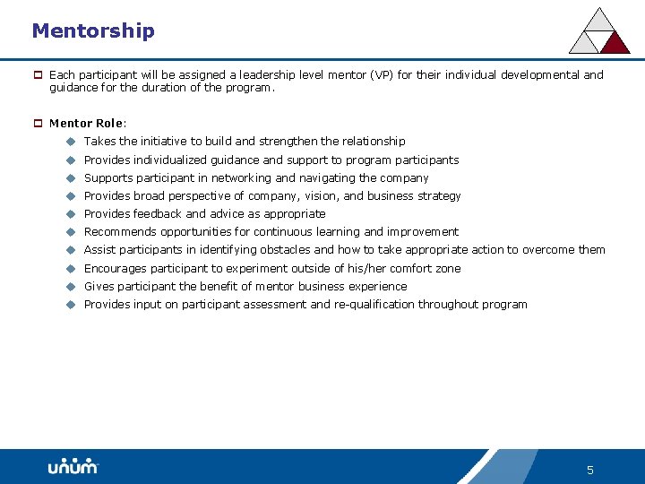 Mentorship p Each participant will be assigned a leadership level mentor (VP) for their