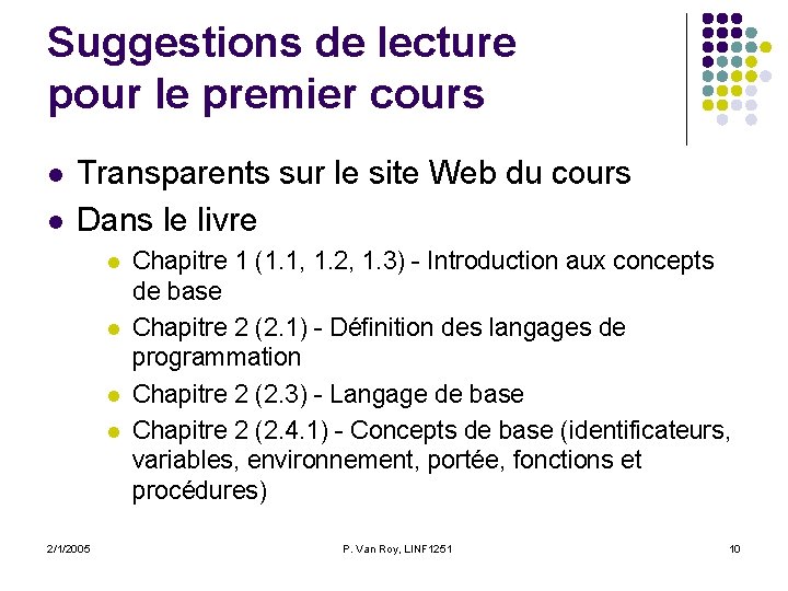 Suggestions de lecture pour le premier cours l l Transparents sur le site Web Suggestions de lecture pour le premier cours l l Transparents sur le site Web