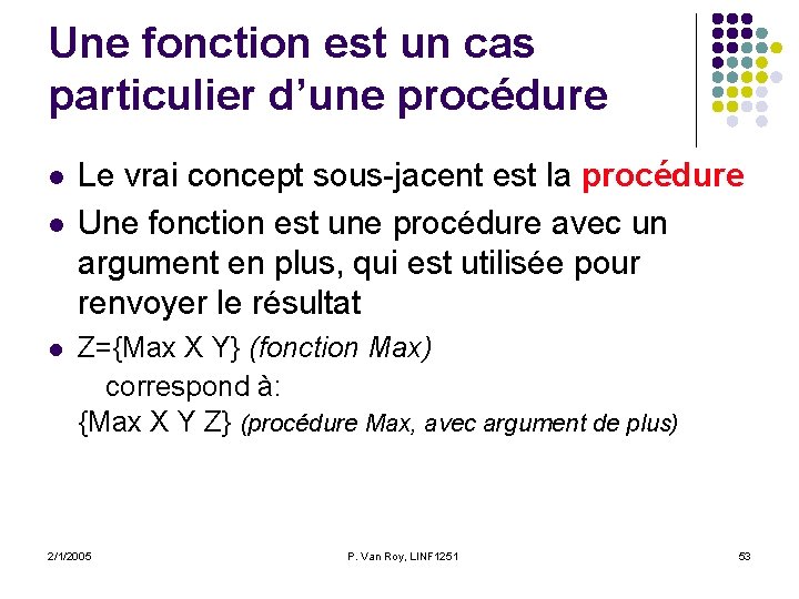 Une fonction est un cas particulier d’une procédure l l l Le vrai concept Une fonction est un cas particulier d’une procédure l l l Le vrai concept