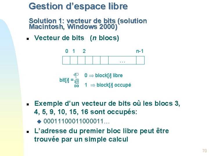 Gestion d’espace libre Solution 1: vecteur de bits (solution Macintosh, Windows 2000) n Vecteur