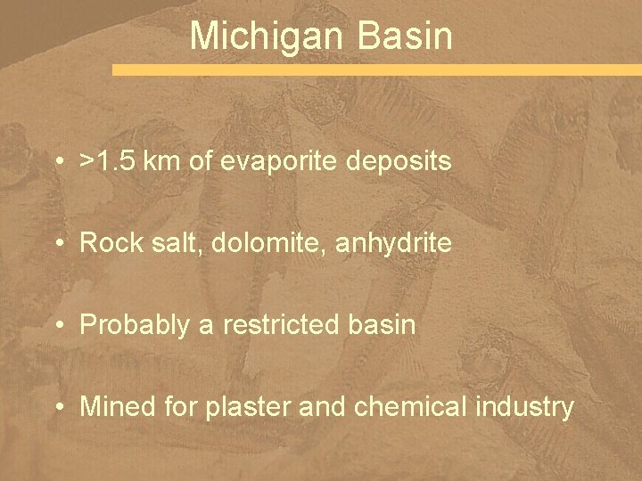 Michigan Basin • >1. 5 km of evaporite deposits • Rock salt, dolomite, anhydrite