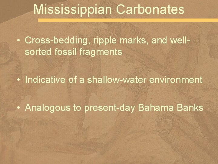 Mississippian Carbonates • Cross-bedding, ripple marks, and wellsorted fossil fragments • Indicative of a