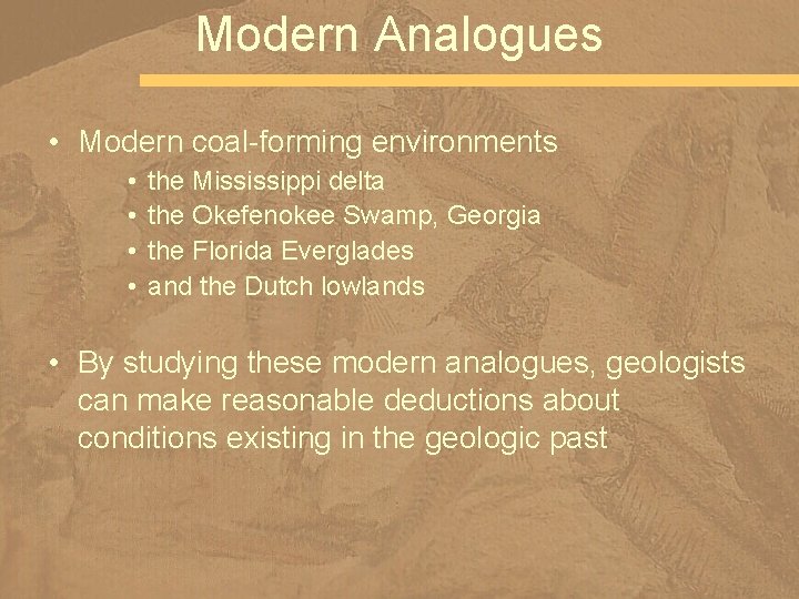 Modern Analogues • Modern coal-forming environments • • the Mississippi delta the Okefenokee Swamp,